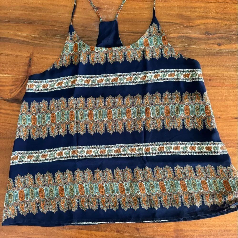 Poetry Navy Paisley Border Print Halter Tank Top Size Small